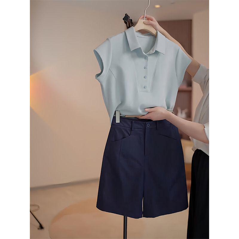 2026 Women's Chic Polo Collar Set: Stylish Solid Color Short Sleeve T-shirt for Summer Commutes