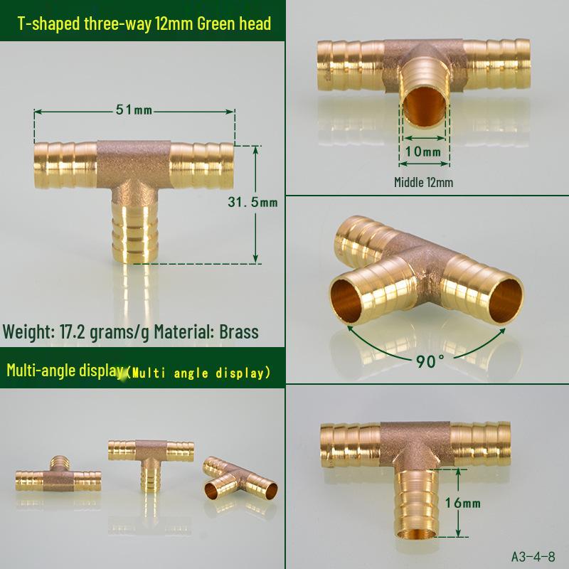 Brass Pagoda Head Insert for Gas Hose, Natural Gas Pipeline Connector 8/12, Pneumatic Fittings Inline Cross Tee