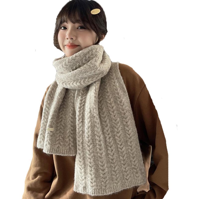 Wool Blend Knitted Soft Thickened Twisted Solid Color Scarf Women Autumn Winter Versatile Couple Neck Wrap