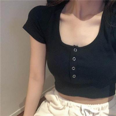 Women's Summer Slim Fit Crop Top - Short Sleeve, High Waist, Round Neck