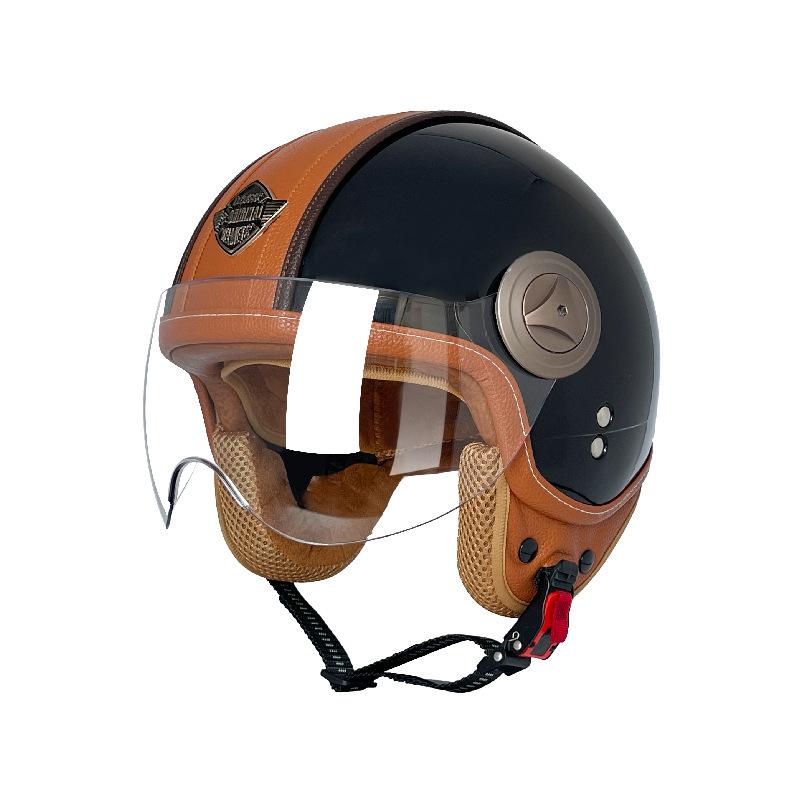 VOSS New3C Certified Retro Leather Patchwork Electric Vehicle and Motorcycle Helmet, Unisex, Suitable for All Seasons, Large Size, Safe and Anti-fog