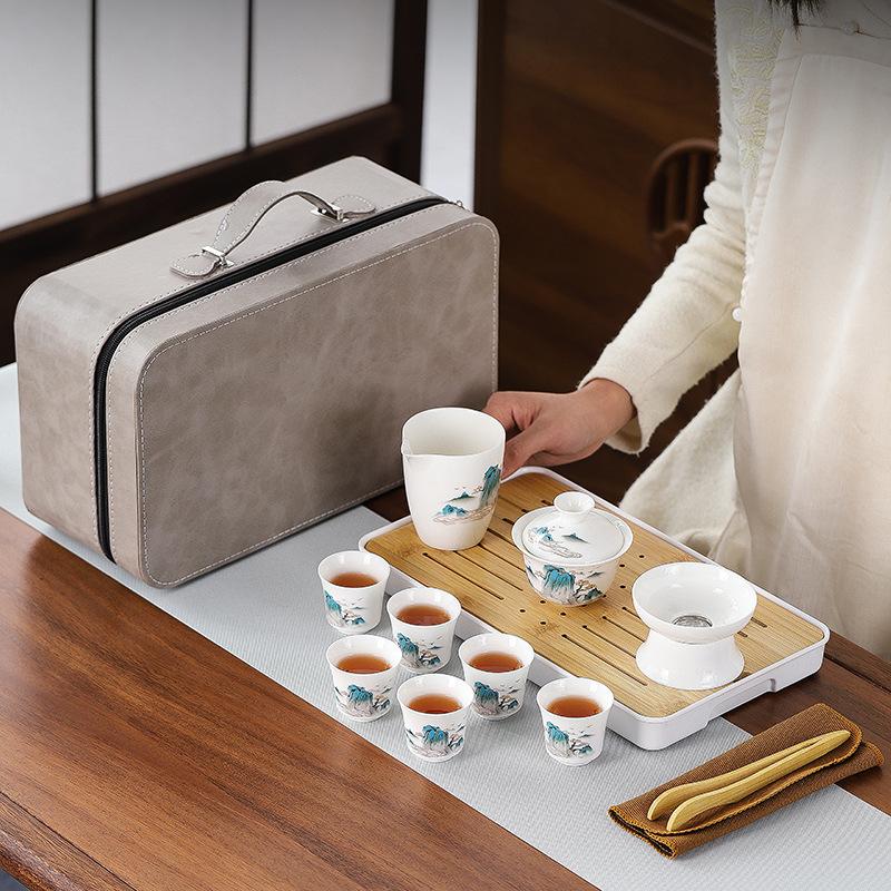 Dehua suet jade white porcelain set kung fu tea set cover bowl travel set company gifts can be added to customers