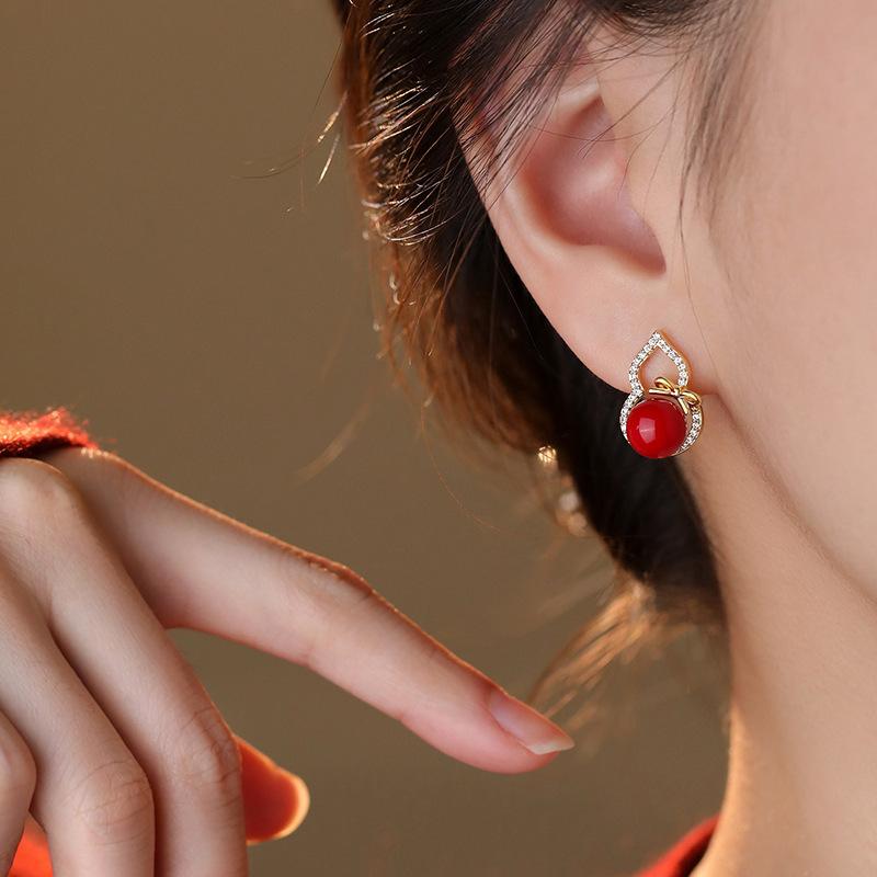 Silbernadel Zirkon Harz Kürbis Ohrstecker Neue Chinesische Retro Tägliches Pendeln Vielseitige Ohrringe Leichter Luxus Ohrringe