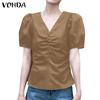 Women's Summer V-Neck Drawstring Solid Color Short Sleeve Casual Blouse