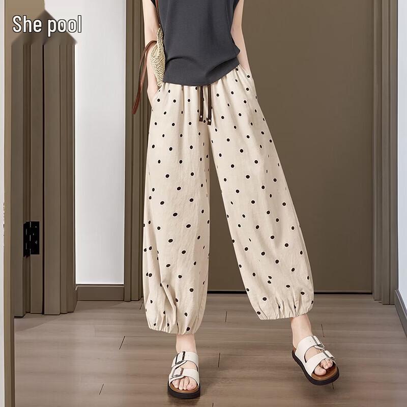 Shechi Women s Polka Dot Drawstring Cropped Pants L
