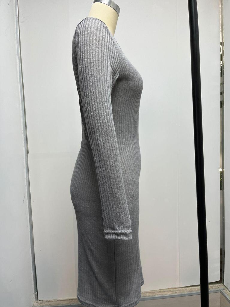 V-neck Knitted Sweater Dress - Long Sleeve, Slim Fit, Ruched Drawstring, Ribbed Design for Autumn/Winter