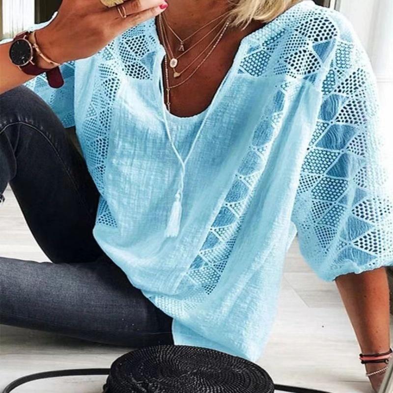 Spring Summer Women Solid Casual Top Shirt New Fashion Elegant Loose Black Office Holiday Lace Splicing Shirts Women Clothes