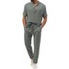 2Pcs/Set Men Summer Outfit Stand Collar Buttons Neckline Short Sleeve T-shirt Elastic Waist Drawstring Pockets Long Pants Set
