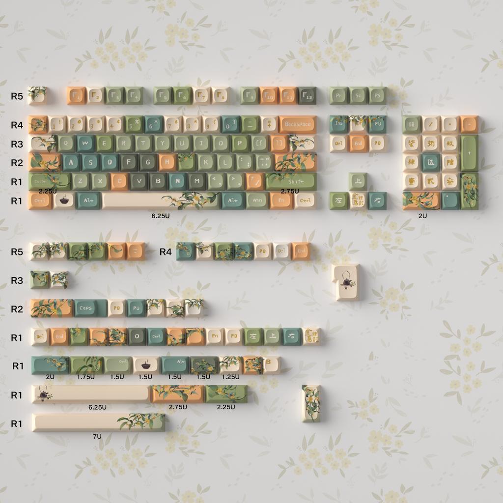 159keys Retro Green Ancient Keycap Style Jingui Oolong Chinese Painting For Mechanical Keyboard PBT Cherry URE Five-Sided Keycap