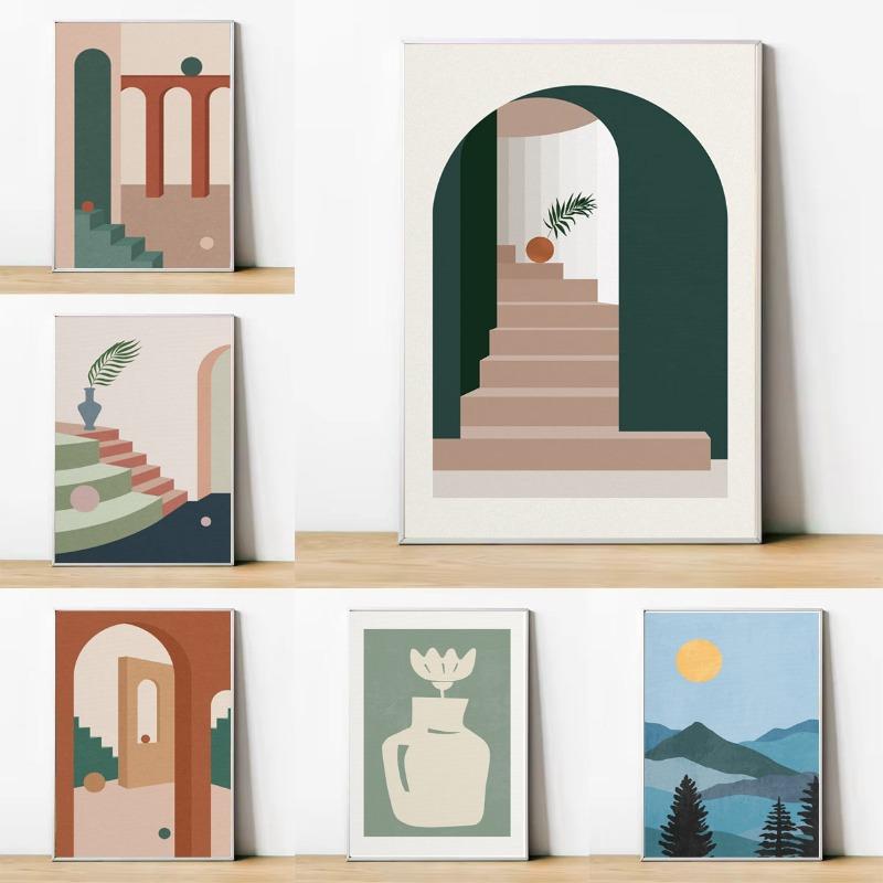 

1pc Bohemian Landscape Art Poster Modern Simple Beautiful Scenery Canvas Painting Outdoor Palm Leaves Geometric Home Room Decor 21cm×30cm NoFrame