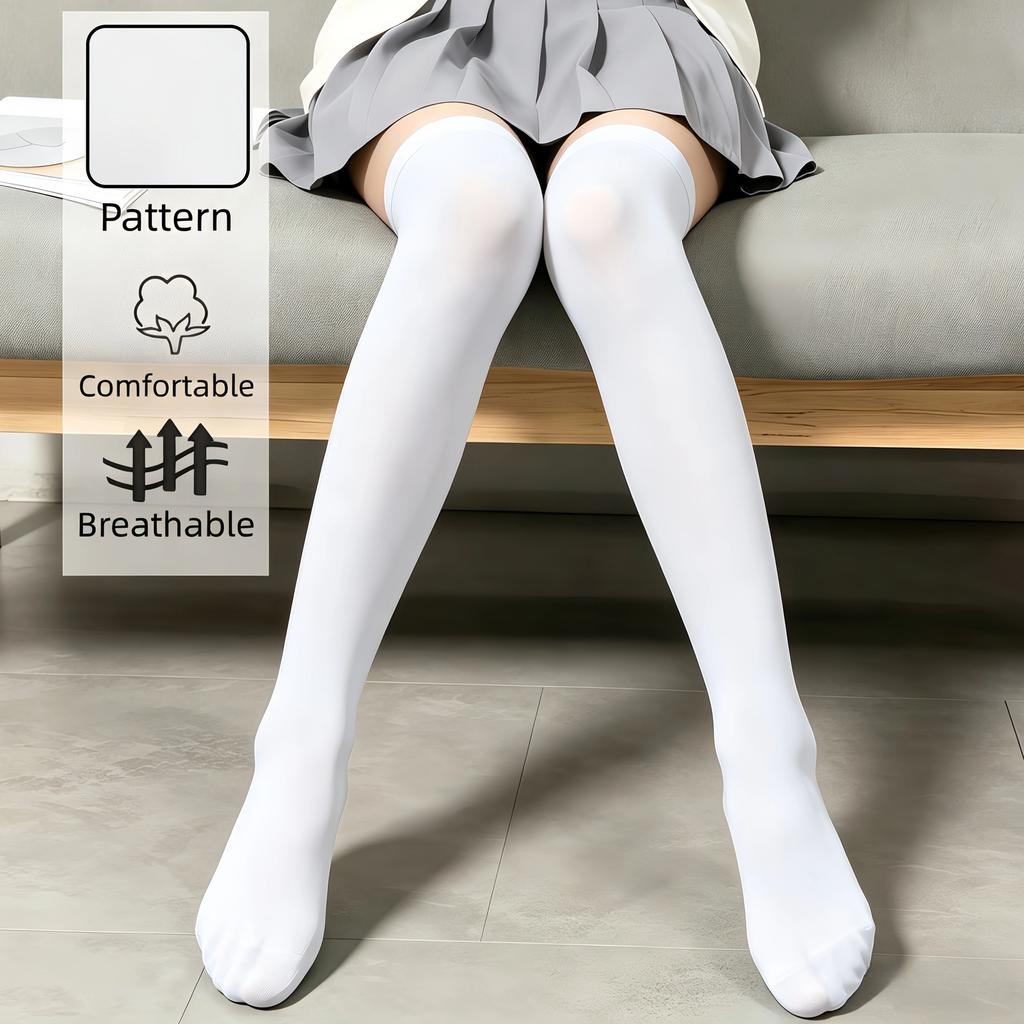 Women'S Solid Pure White Thigh High Socks Skin Friendly All Purpose Over The Knee Stockings For Daily Casual Outdoor Use