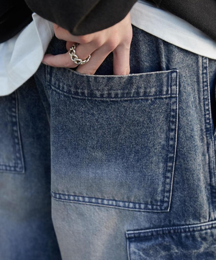 WEGO Medium Denim Easy Cargo Wide Leg Korean Medium Medium Denim Men's Pants, Pants, Streetwear, Sports, Outdoor, Style, Spring, Summer, Autumn,