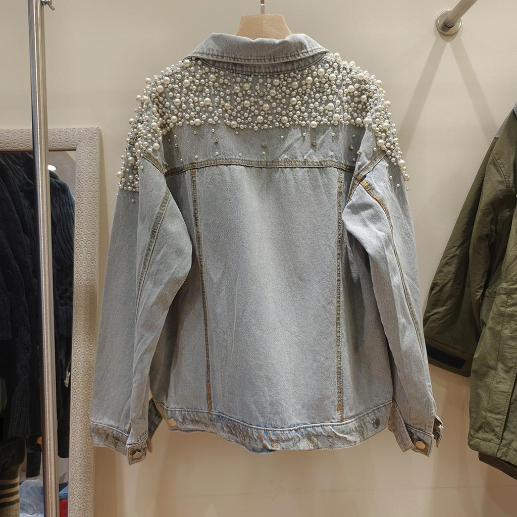 European Station Spring and Autumn New Heavy Industry Nail Bead Design Sense Loose Versatile Women's Denim Jacket Trendy Brand