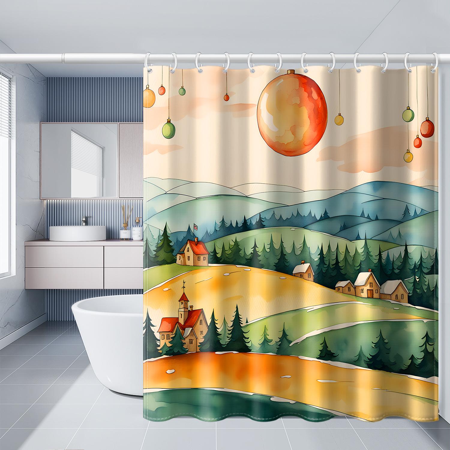 

1 шт. душевая занавеска с принтом рождественского пейзажа, выполненная масляной краской, с пластиковыми крючками, рождественская елка, цветные шары, перегородка для ванной 180*180cm