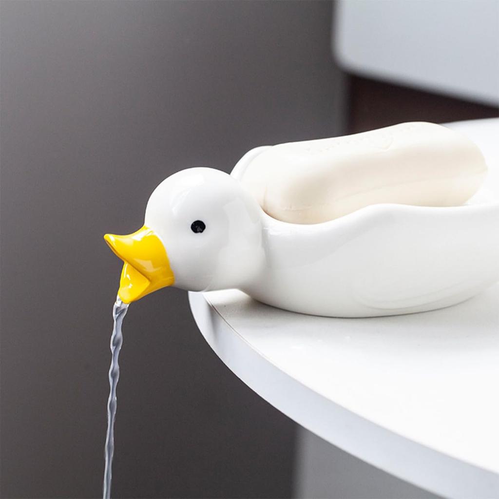 [Queen-b] Cute Duck Soap Dish, Soap Tray with Flowing Water, Bathroom Sink, Hand Soap Tray, Soap Decor (White)