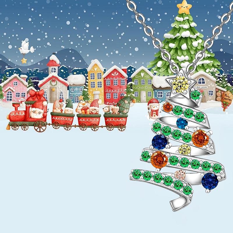 Huitan Novel Christmas Tree Pendant Necklace for Women Elegant Colorful Cubic Zirconia Fashion Xmas Festival Party Chic JewelryGood product