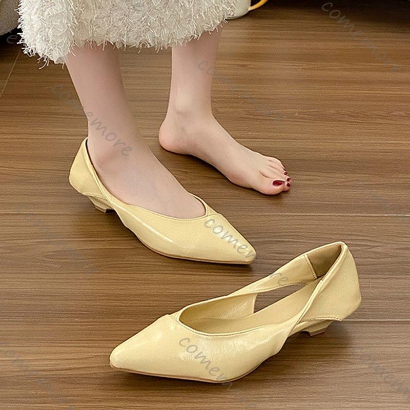 Comemore Shoes for Women Spring Autumn Low Heels Single Shoe Casual Solid Color Slip on Pumps Soft Leather Cat Heel Women's Shoe