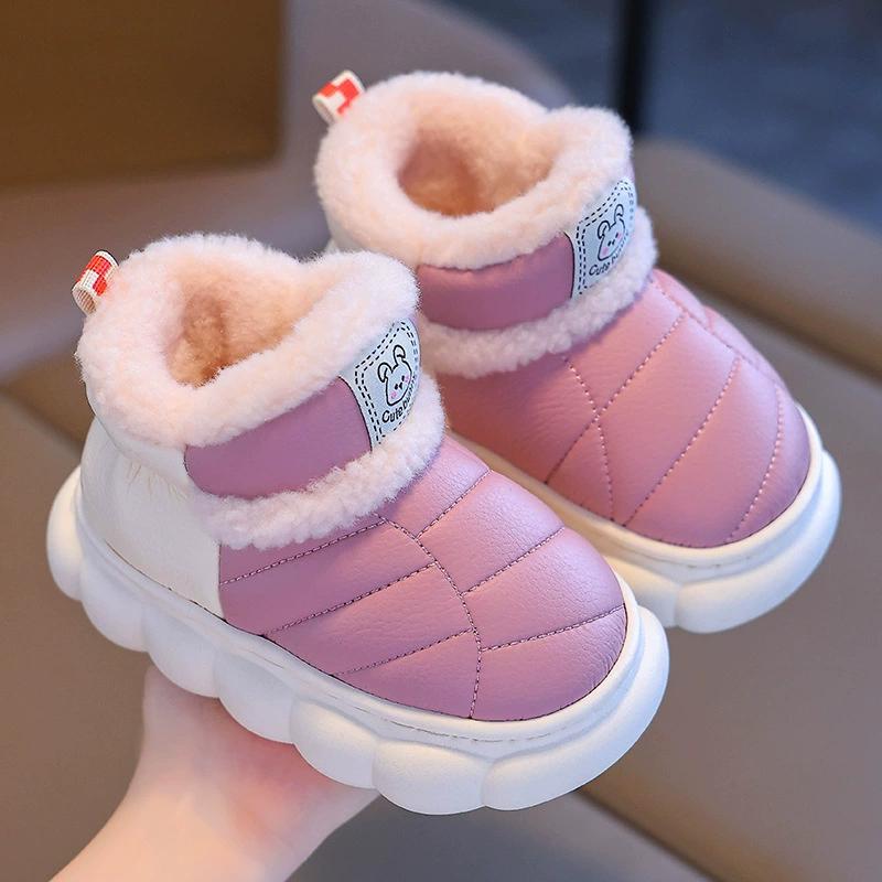 Winter Children's Bag Heel Shoes for Boys and Girls Warm and Plush PU Waterproof Baby Shoes for Small and Medium-sized Children