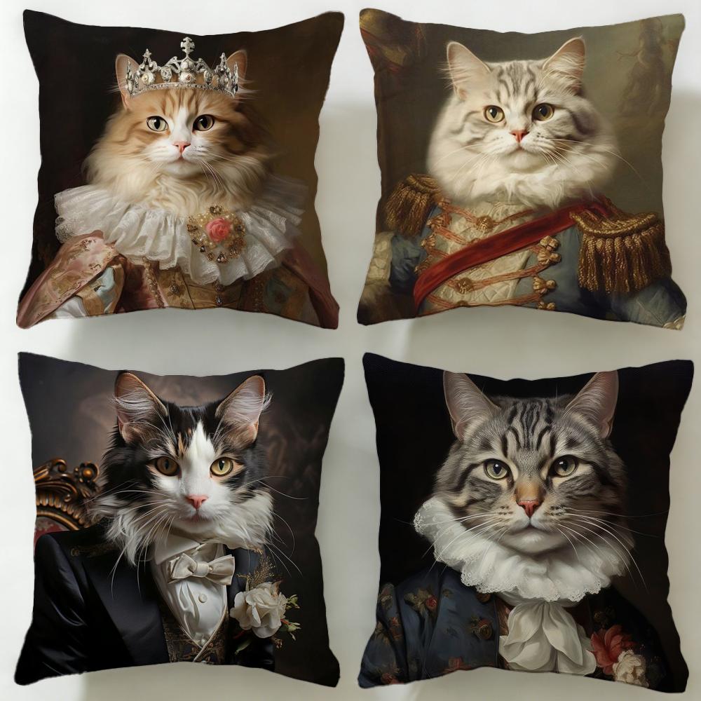 classic theme Renaissance Royal Cat Cushion Cover Soft EasyWash Pillow Case Versatile for Couch Bed Travel and Office