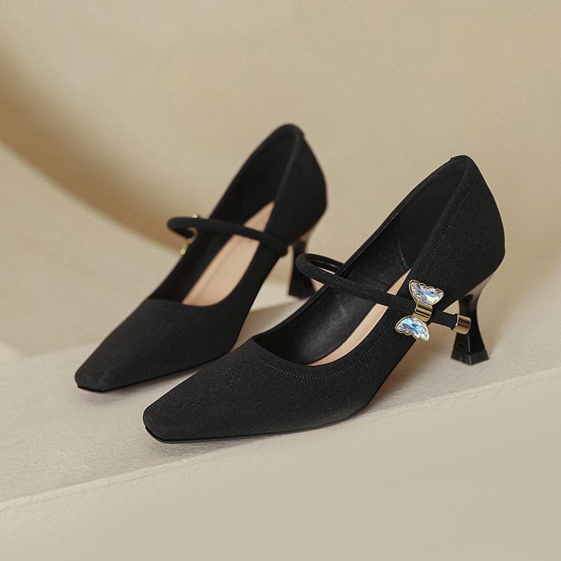 Black High Heels Temperament 2025 New One-word with Mary Jane Shoes White Stiletto French Square Head Light Mouth Single Shoes