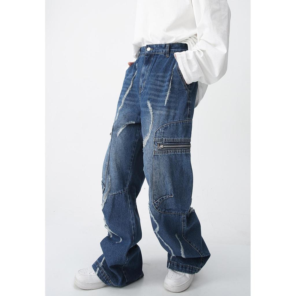 Jeans holgados con cremallera para primavera y otoño, estilo hip-hop workwear, con bolsillos grandes y corte de pierna ancha y tiro medio