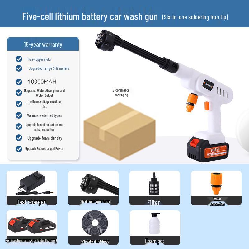 Portable Wireless Lithium Battery Car Washer: 10-Setting High-Pressure Water Gun with Six-in-One Head
