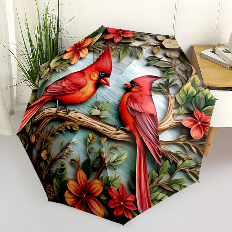 1pc Cardinal Flowers Cardinals Fashionable Automatic Opening/Closing Folding Umbrella with 8 Bones, Windproof Portable, Daily Use212