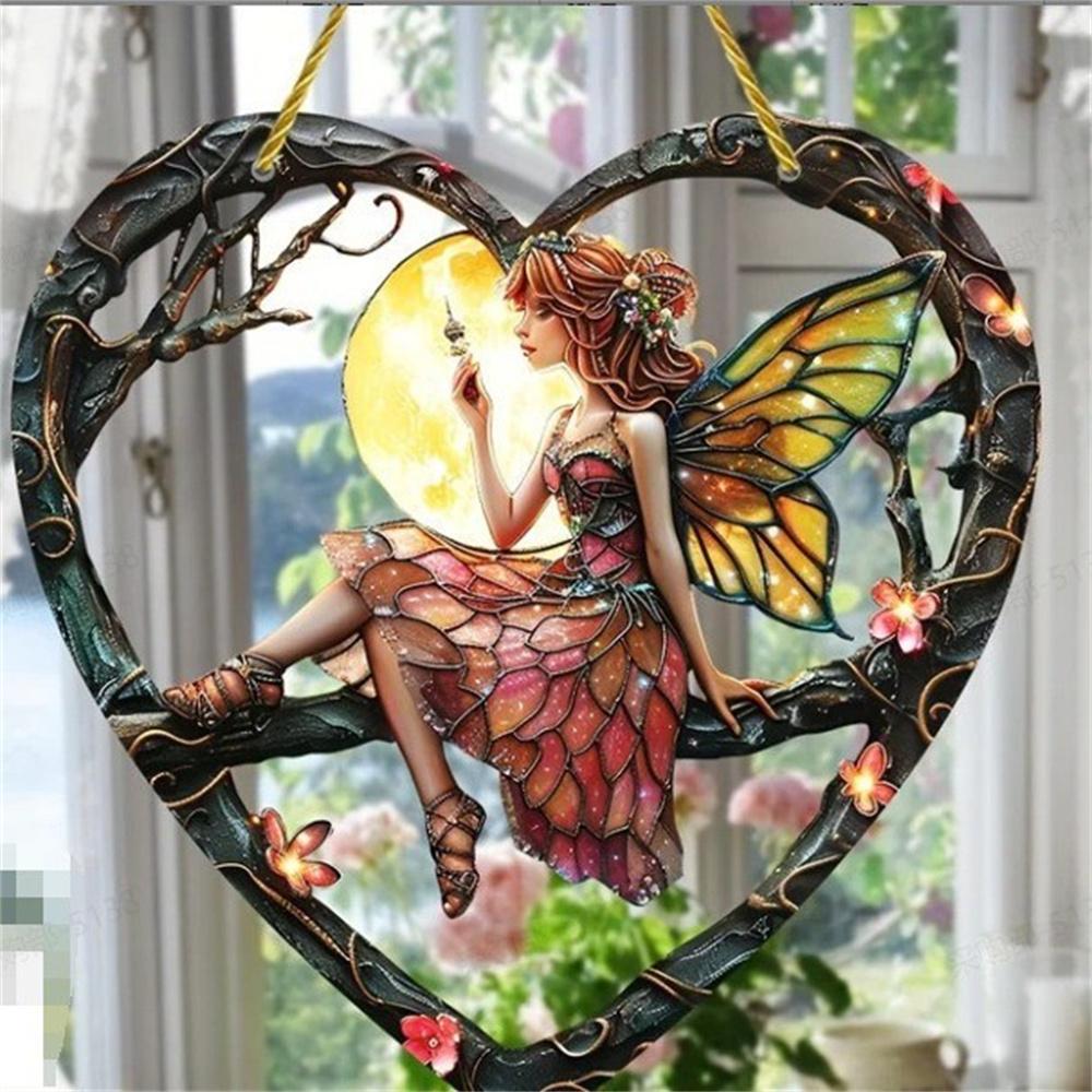 New Colorful Fairy Angel Art Flower Suncatcher Stained Window Hanging Heart Shape Acrylic Pendant For Home Garden Yard Ornament