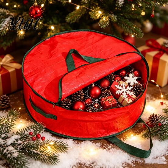 Stackable Storage Solution Round Garland Bag with Reinforced Handles, Waterproof PE Fabric Durable Dustproof Organizer, Zipper Closure Foldable Space