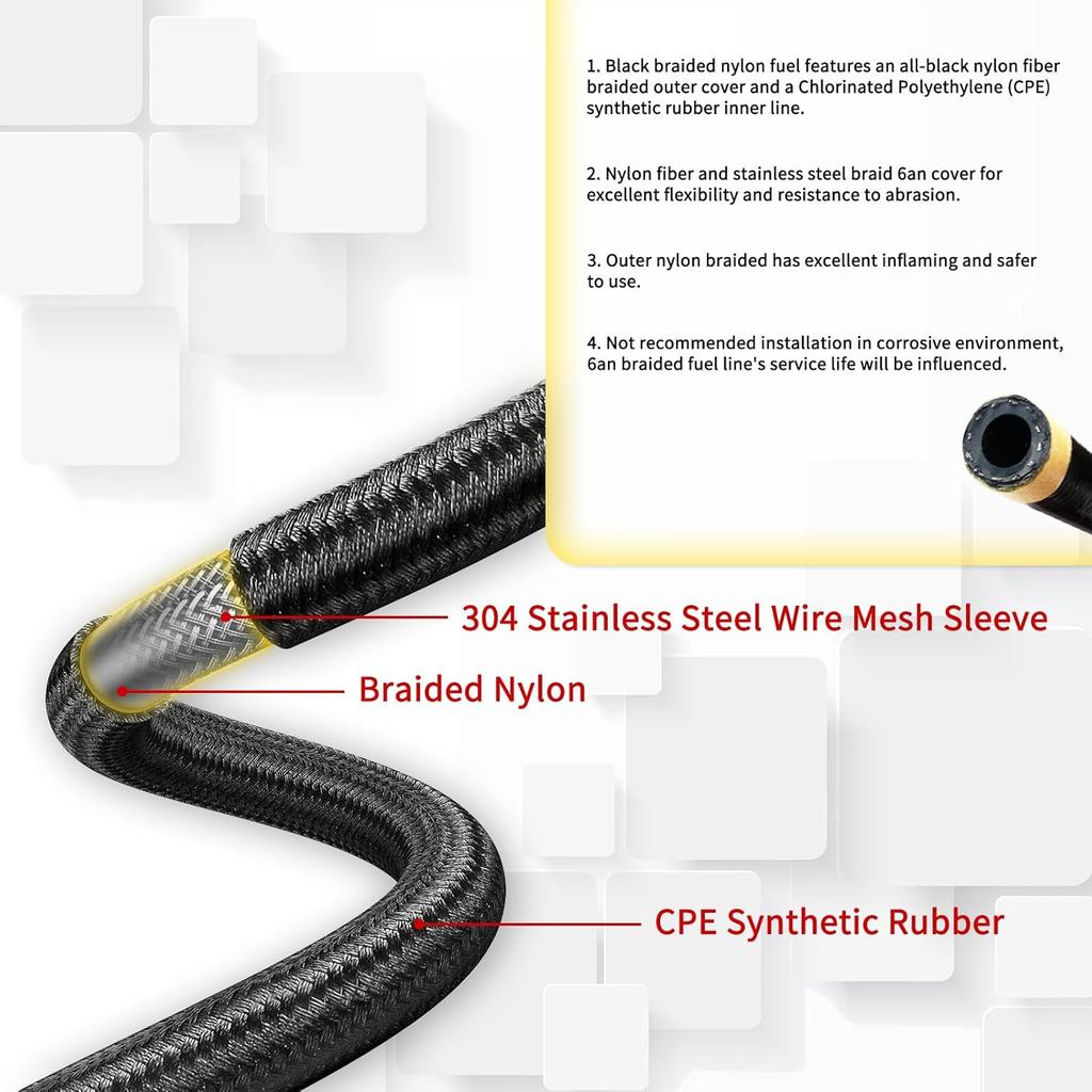 15FT AN6 Automatic Transmission Cooler Line Kit For 4L60E 4L65E - Black Nylon Braided Fuel Line Oil/Gas/Fuel Hose Kit