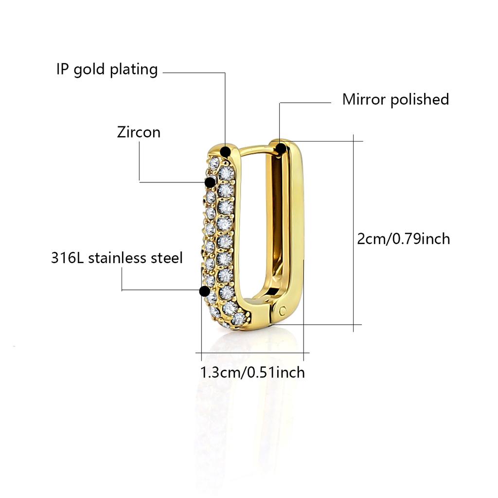 Boucles d'oreilles Huggies Rectangulaires Brillantes en Zircon Plaqué Or Bijoux Boucles d'oreilles en Acier Inoxydable pour Cadeau de Saint-Valentin