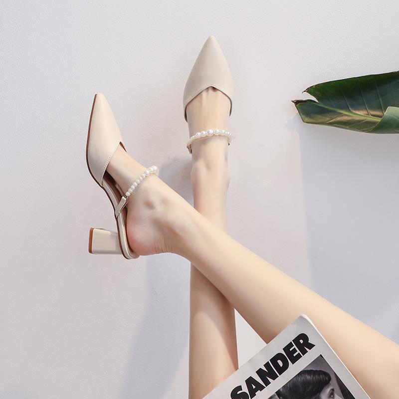 6009-3 Bow-tie cool slippers women's summer 2025 French medium heel high heel two wear bag head half tray