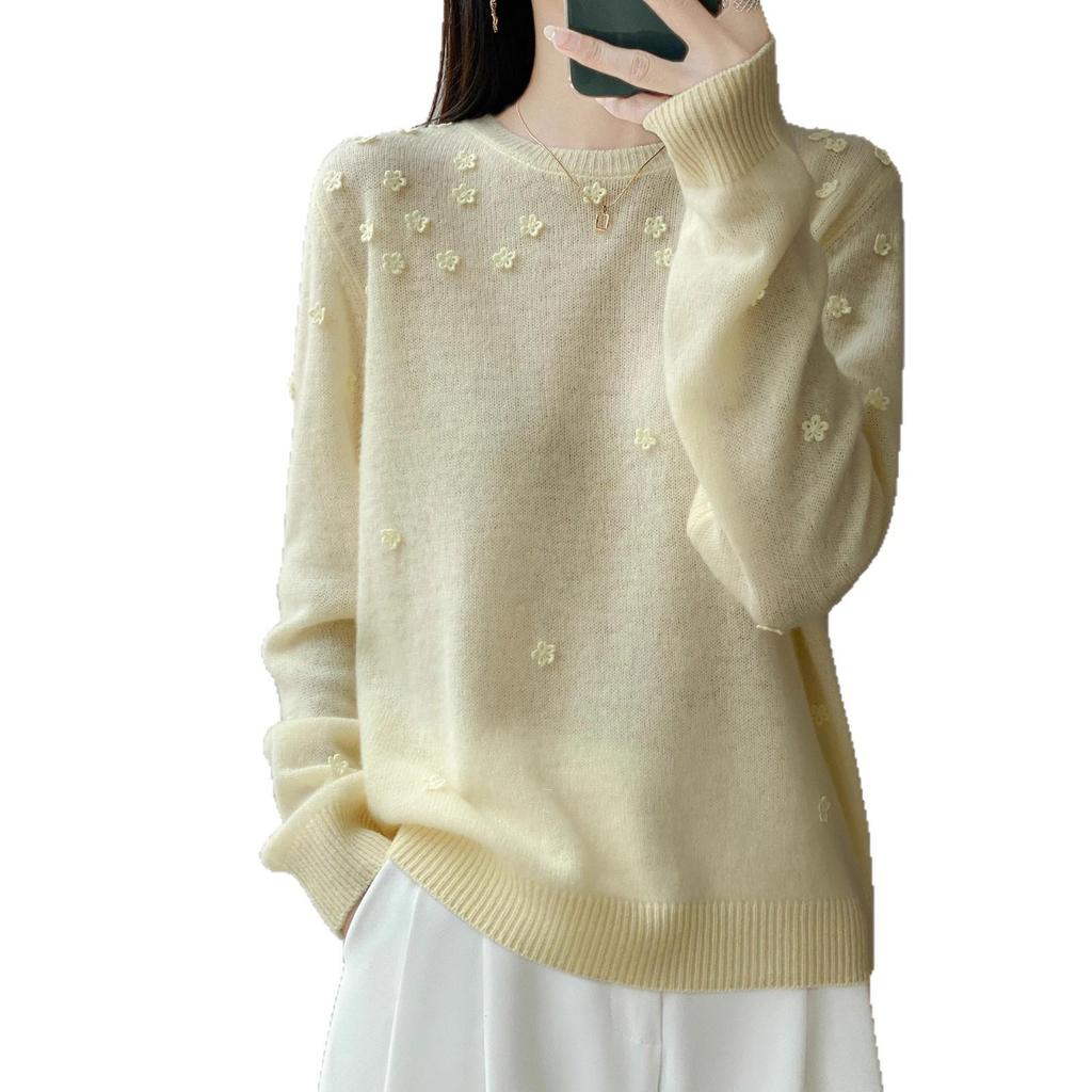 2025 Autumn/Winter Women's Pure Wool Embroidered Round Neck Knitwear Sweater: Long Sleeve, Loose Fit
