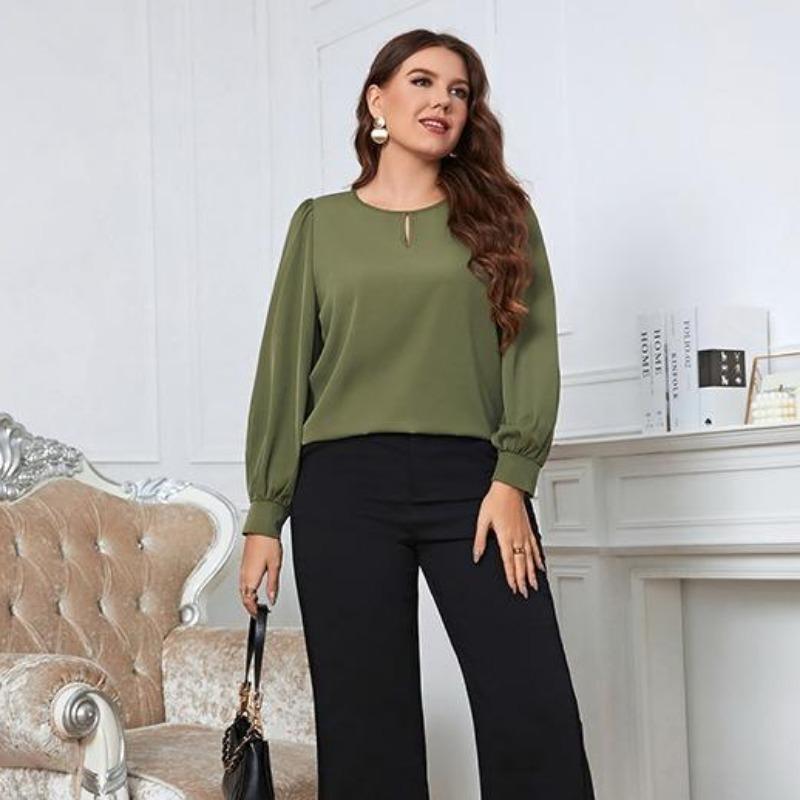 Полая однотонная зеленая футболка с длинным рукавом-фонариком — фото 4