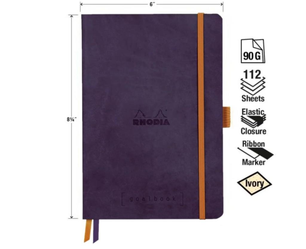 Rhodia Rhodiarama Goal Book, A5 Size, 240 Pages, Dot Grid, Pen Holder, Italian Faux Leather Cover, PEFC Certified, Aubergine, CF117825