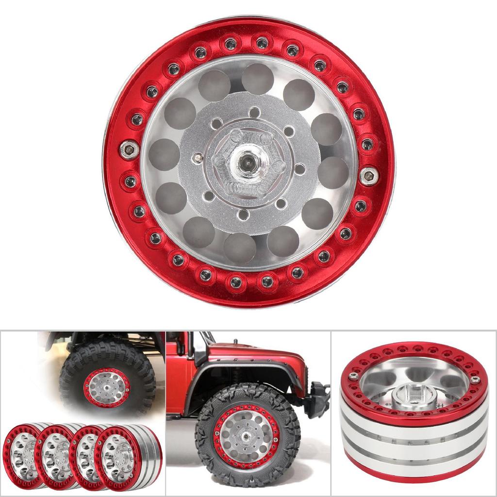 4Pcs 1.9in Aluminium Beadlock Wheel Rims Hubs for SCX10 110 RC Crawler Car (Silver Red)