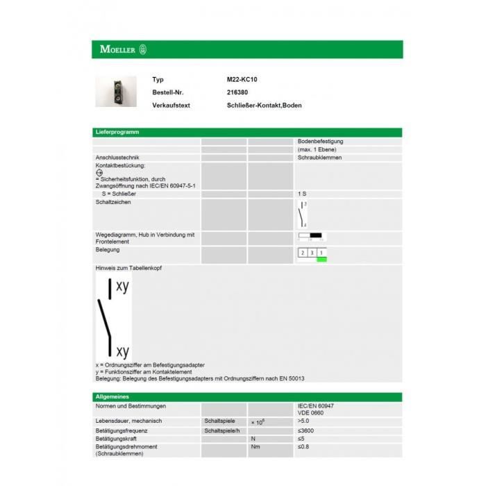 Eaton Contact auxiliaire arrière, fixation frontale, 1 NO, boîte de 20 - M22-KC10