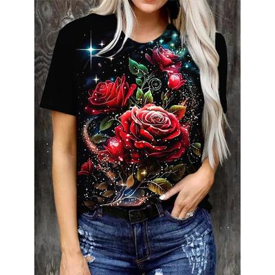 Women's T-shirt Rose Casual Holiday Print Short Sleeved Fashionable Round Neck T-shirt