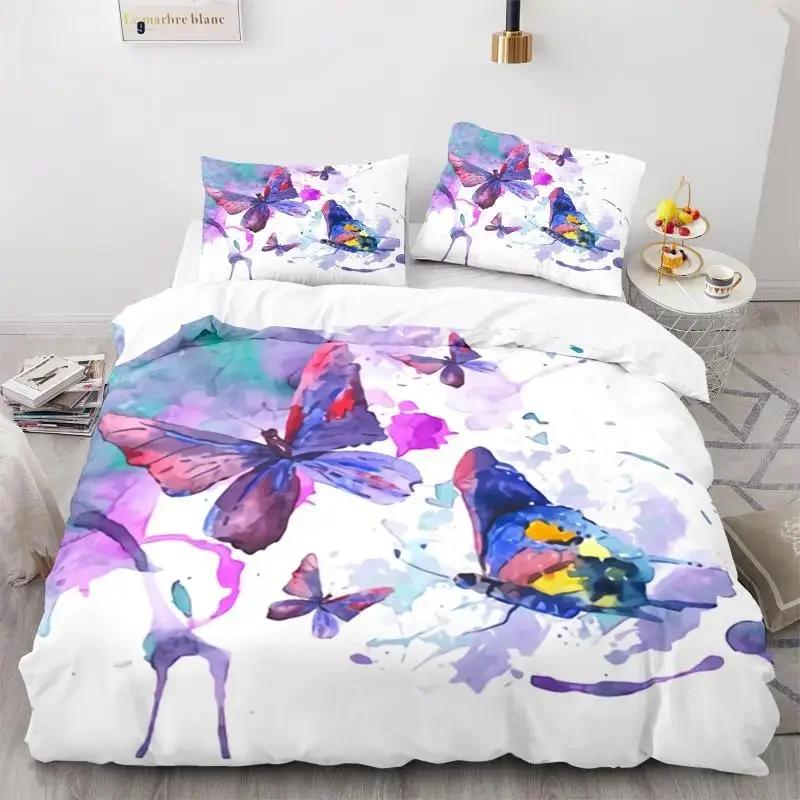 Butterfly Duvet Cover Set 3D Galaxy Purple Butterfly Floral Printed Bedding Set Fantasy Theme King Size Comforter Cover for Girl
