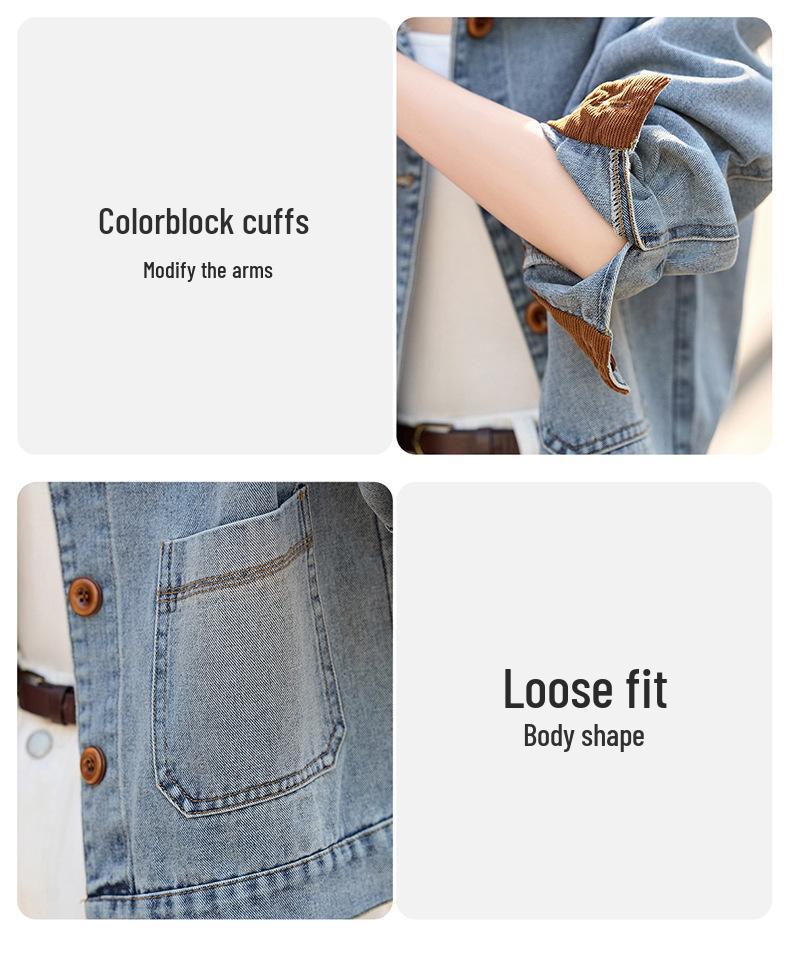 2025 Spring/Fall Retro Color-Block Patchwork Denim Jacket with Turn-Down Collar for Women
