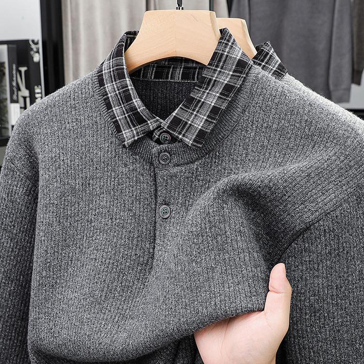 Men's Trendy Korean Style Plaid Knit Sweater with Shirt Collar - Warm, Loose Fit (Autumn/Winter)