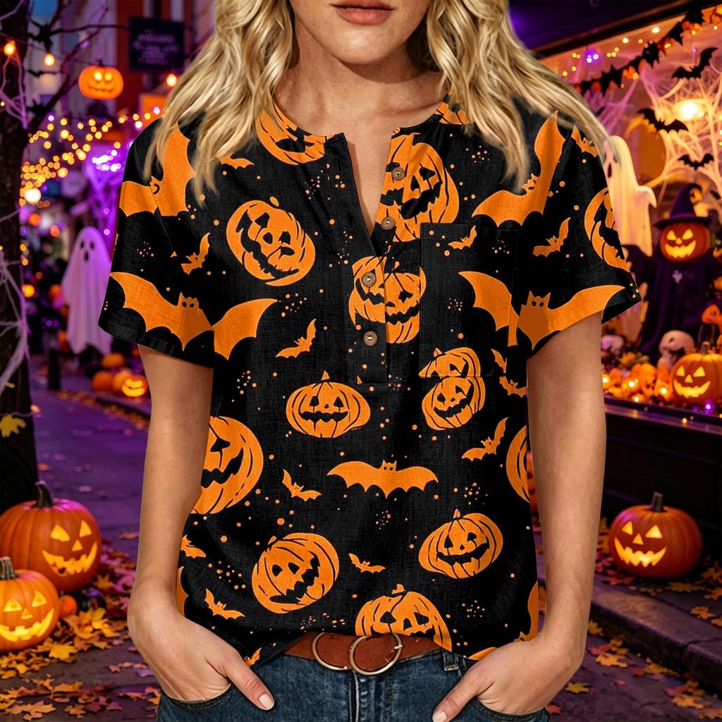 Womens Halloween Print V Neck Button Detail Short Sleeve Top Casual Loose Fit Three Quarter Sleeve T Shirt