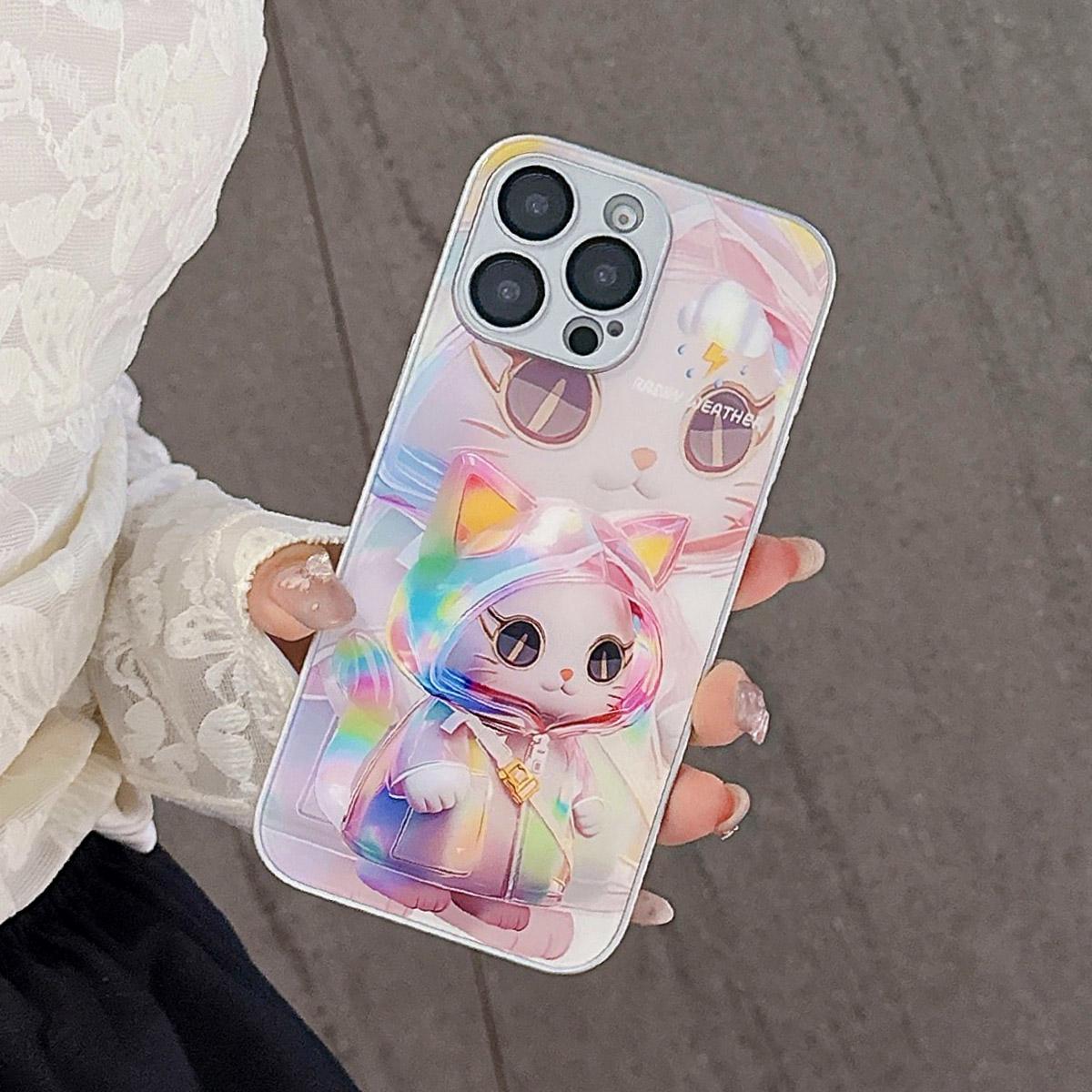 

For iPhone 15 Pro Case Mirror Painted Kitten Design TPU + Acrylic Phone Cover B