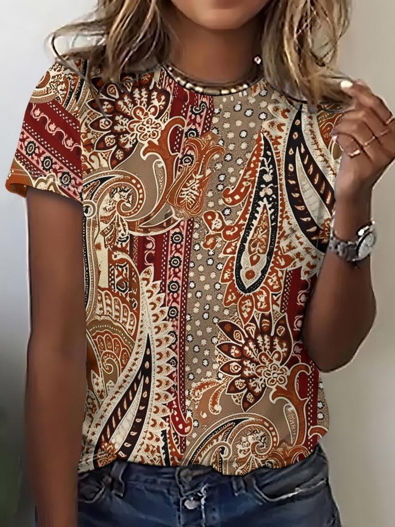 2026 Summer Vintage Ethnic Graphics Women's V-Neck Short Sleeves T-Shirt Fashion Tops 3D Print Casual Outdoor Female Clothing