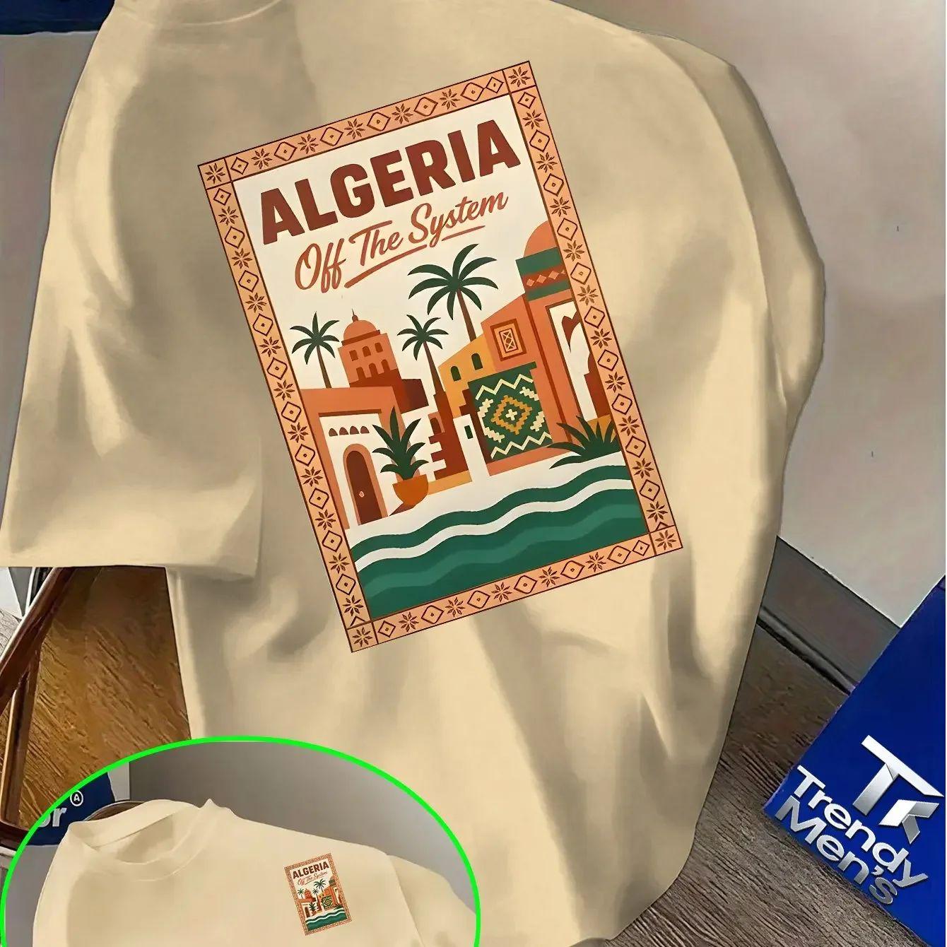 

Mens Pink Algerian Pattern Tshirt Bold Algeria Text and Desert City Landscape Design Lightweight Summer Tshirt 4XL