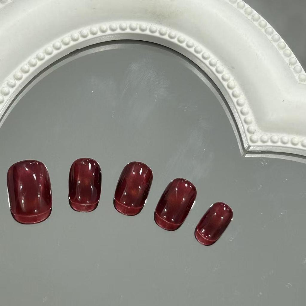 New Year Red Crystal Cat Eye Handmade Short Nail Art Stickers with Glass Beads - Bridal Style