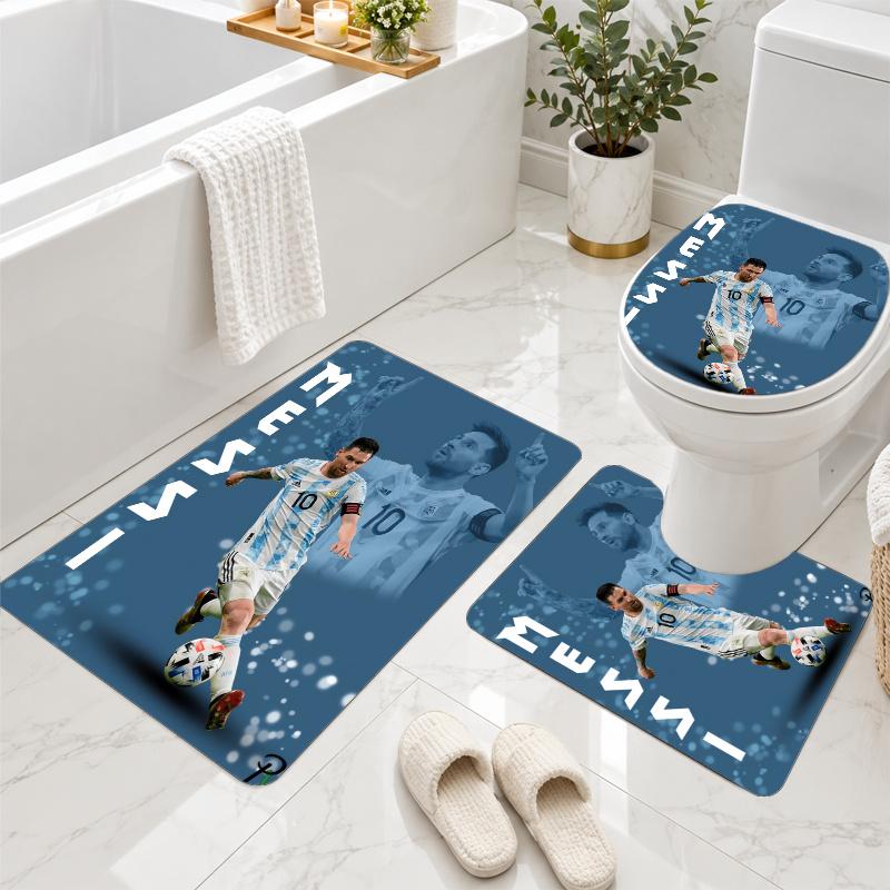 3Pcs Flannel Toilet Mat Set Lionel Messi Bathroom Rug Non Slip Bath Carpet Home Decor