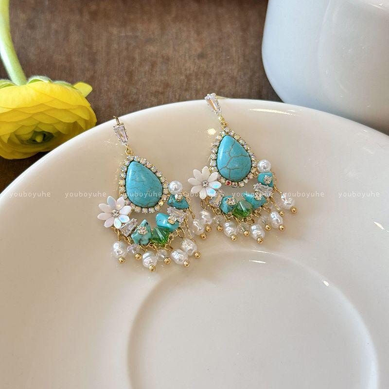 

Ретро Этнический Стиль Изысканные Серьги-Подвески с Кисточками из Бирюзы Женские Высококлассные Темпераментные Праздничные Серьги-гвоздики Серьги Turquoise Flower Pearl Stud Earrings-Silver Needle