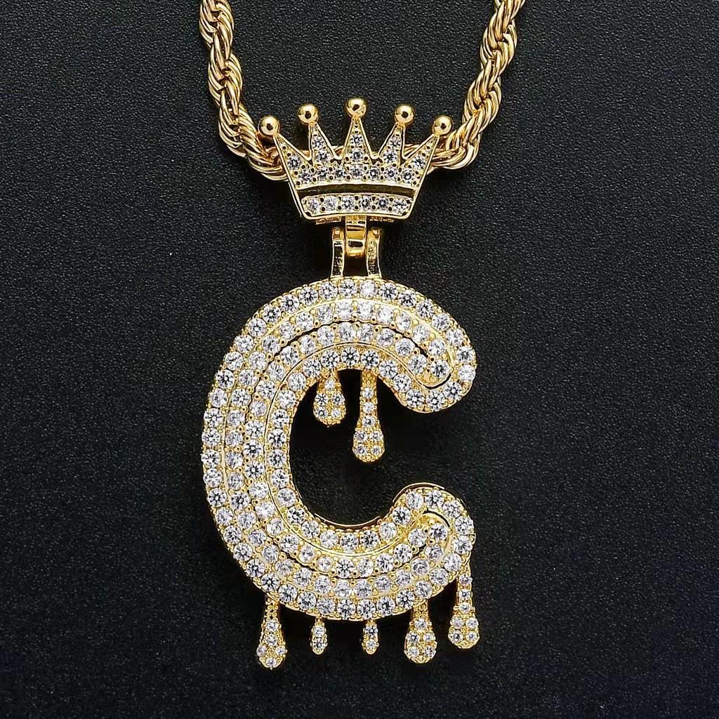 Stylish Hip Hop Zircon Crown Pendant Necklace with 26 English Letters for Women