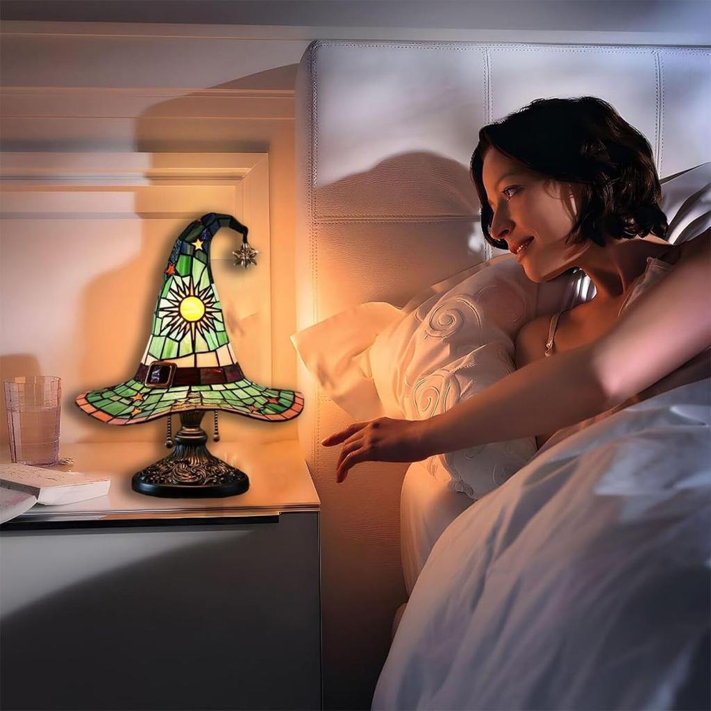 Stained Glass Witch Hat Lamp, Spooky Fun Handmade Hat Shape Lights, Nightstand Night Light With Mystical Charm